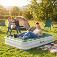 Outsunny Inflatable Mattress, Double Air Bed with Built-in Electric Pump, 3 Mins Inflation, Flocked Surface, Dark Green(m-14)