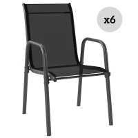 Outsunny Set 6 Sedie Impilabili e Traspiranti con Braccioli e Schienale Alto, in Metallo e Poliestere, 51L x 69P x 87A cm, Nero(m-11)