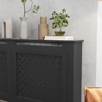 HOMCOM Masca pentru calorifere din lemn MDF, traforată cu model cruciulițe, cu raft și fixare pe perete, 152x19x82 cm, negru(m-8)