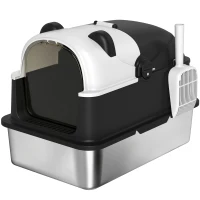 PawHut Arenero para Gatos Grandes Cubierto XL de Acero Inoxidable con Tapa Abatible Pala Bolsa Desodorante Diseño Panda Negro(m-1)