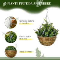 Outsunny Set 2 Piante Finte di Lavanda con Vaso e Gancio, in PE e Vimini, Ø25x34 cm, Verde e Viola(m-3)
