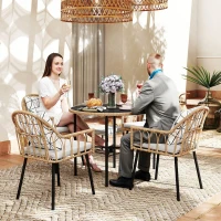 Outsunny 5 Piece Patio Rattan Dining Set, Wicker Garden Table and Chairs w/ Removable Seat & Back Cushions, Round Tempered Glass Tabletop, Parasol Hole, Outdoor Furniture Conservatory Set, Light Brown(m-2)