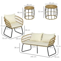 Outsunny Lounge-Set Rattan Zitgroep, Buitenmeubelset in Boho-stijl, 5-delig, 145 x 70 x 78 cm, Crème + Natuur + Zwart(m-3)