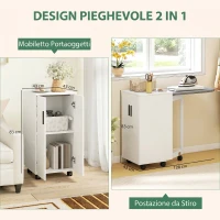 HOMCOM Mobile Stiro Pieghevole a Ruote con Mensola Regolabile e Chiusura Morbida, in Legno e Tessuto, 128x43x83 cm, Bianco(m-4)