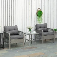Outsunny 3 Pieces Rattan Bistro Set with Glass Top Coffee Table, Chairs and Cushions for Outdoor, Patio, Balcony, Grey(m-2)