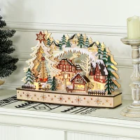 HOMCOM Village de Noël lumineux, village de Noël animé en bois, avec 20 LED, paysage enneigé, 45L x 12l x 30H cm, bois naturel(m-2)
