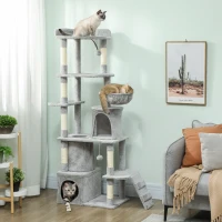 PawHut Albero Tiragraffi per Gatti con 2 Casette, Amaca, Tunnel, e Lettino, Pali in Sisal, 60x40x170 cm, Grigio(m-2)