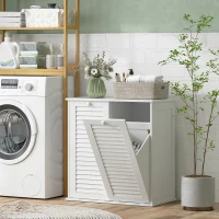 HOMCOM Meuble salle de bain avec panier à linge armoire salle de bain en bois portes persiennes 2 paniers 70 x 38 x 73 cm blanc(m-9)