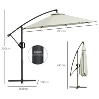 Outsunny Ombrellone a Braccio a 8 Stecche con Base a Croce, in Alluminio, Metallo e Poliestere, Ø3x2.6 m, Crema(m-3)