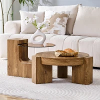 Ensemble 2 tables basses rondes, design 2 niveaux modulable, pieds en L renforcés, 61x61x30 cm, Couleur naturelle(m-1)