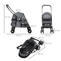 PawHut Passeggino per Cani Pieghevole con Tettuccio Regolabile, Borsa e 2 Guinzagli, 82x47x97 cm, Grigio e Nero(m-3)