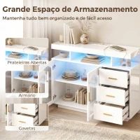 HOMCOM Aparador com LED RGB de 7 Cores, Tomadas, Portas USB, 3 Gavetas, Prateleiras Abertas, 2 Portas, Branco Brilhante, 100x35x80 cm(m-4)