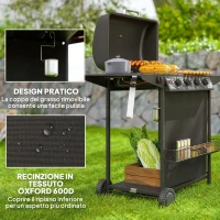 Outsunny Barbecue a Gas con 4+1 Bruciatori Indipendenti e Coperchio con Termometro, 121x54x97 cm, Nero(m-6)