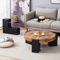 Table basse ronde moderne à 2 niveaux, design démontable et modulable, bords arrondis, 61x61x30 cm, Couleur naturelle(m-5)