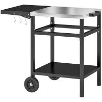 Outsunny Carrello per Barbecue con Piano in Acciaio e Ripiano Richiudibile, Ruote e Ganci, 91x58x76 cm, Nero(m-1)
