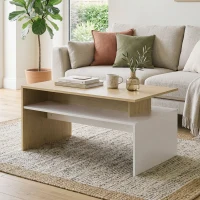 HOMCOM Tavolino da Salotto Bicolore con Mensola Asimmetrica, 95x55x50 cm, Legno Naturale e Bianco(m-10)