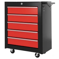 HOMCOM 5-Drawer Tool Chest with Wheels, Steel Lockable Tool Storage Cabinet with Handle, 2 Keys for Garage, Workshop, Red(m-1)
