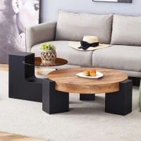 Table basse ronde moderne à 2 niveaux, design démontable et modulable, bords arrondis, 61x61x30 cm, Couleur naturelle(m-1)