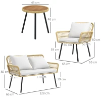 Outsunny Ensemble salon de jardin 4 pièces canapé 2 places 2 fauteuils avec 7 coussins 1 table basse ronde, résine tressée(m-3)