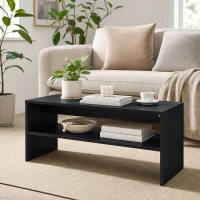 HOMCOM Măsuță de Cafea Modernă cu 2 Niveluri, Raft Deschis, PAL, Picioare, 100x40x41,5 cm, Negru(m-6)