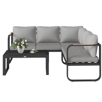 Outsunny L-vorm tuinset weerbestendig metaal zitgroep voor 5 personen tuinlounge met 2- en 3-zitsbank, kussens en bijzettafel, outdoor balkonmeubel-set terrasmeubel voor tuin en balkon, grijs(m-10)