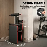 HOMCOM Banc de musculation pliable multifonction banc Fitness sit-up sangles d'extension latérales + ressort traction acier revêtement synthétique rouge noir(m-6)