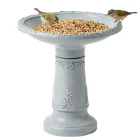 Outsunny Vogelbad van hars voor buiten, rond vogelbad 51 cm met steenlook, vrijstaand voeder- en drinkstation voor vogels, Grijs(m-11)