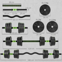 SPORTNOW 25 kg 3-in-1 Adjustable Dumbbell & Barbell Set with EZ Bar, Connecting Rod and Non-Slip Grip for Home Gym, Green(m-3)