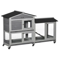 PawHut Conigliera a 2 Livelli con Rete Protettiva e Rotelle in Legno e Metallo, 157.4x53x99.5 cm, Grigio(m-11)