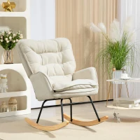 HOMCOM Schommelstoel met rugleuning, houten onderstel, relaxstoel met chenillelook voor woonkamer, slaapkamer of balkon, beige(m-2)