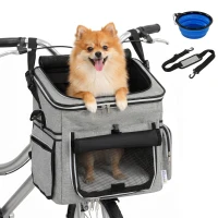 PawHut Panier de Vélo Avant Portable pour Chiens Chats, Laisse de Sécurité, Couvercle Détachable, 33x26x35cm, Gris Clair(m-16)