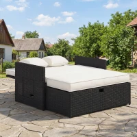 Outsunny Rattan Garden Daybed, Double Sun Lounger with 5-Level Adjustable Back, Storage Ottoman, Cream White(m-10)