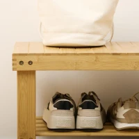 HOMCOM Bancă scaun pentru pantofi joasă din bambus cu 2 rafturi cu șipci și șezut, 70x28x45 cm, Natural(m-8)