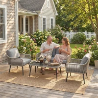 Outsunny Rattan Garden Furniture Set, 4 Piece Outdoor Patio Furniture with Tempered Glass Table and Chairs, Indoor Balcony Conservatory Set(m-9)