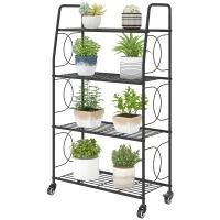 Outsunny 4-Tier Metal Plant Stand, Heavy Duty Ladder Shelf Potted Plants Display Rack with Lockable Wheels(m-11)