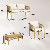 Outsunny Salon de Jardin Extérieur 4 Pièces avec Canapé 2 Fauteuils Table Coussins, Acier Résine Tressée, 120x72x73cm, Kaki(m-3)