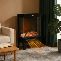 HOMCOM Camino Elettrico 1000W / 2000W con Fiamma LED Realistica e Controllo Temperatura, 40.5x20x62 cm, Nero(m-2)