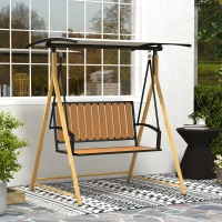 Outsunny Balancín de Jardín Exterior de 2 Plazas con Toldo Ajustable y Estructura de Metal 142x112x162 cm Madera Natural y Beige(m-10)