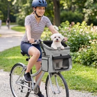 PawHut Panier de Vélo Avant Portable pour Chiens Chats, Laisse de Sécurité, Couvercle Détachable, 33x26x35cm, Gris Clair(m-15)