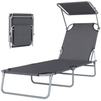 Outsunny Transat Bain de Soleil Pliable Chaise Longue Pliante Grand Confort Dossier Inclinable Multi-positions et Pare-Soleil réglable Dim. 187L x 58l x 36H cm Gris(m-11)