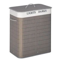 HOMCOM Panier à linge 100L avec 2 bacs bambou pliable couvercle poignée avec Sac amovible et lavable gris(m-1)