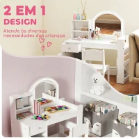 AIYAPLAY Toucador Infantil com Banqueta e Espelho com Luzes LED 1 Gaveta, Armário e 5 Prateleiras Branco(m-4)