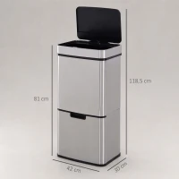 HOMCOM Afvalbak afvalscheidingssysteem prullenbak met sensor 72 L 3 vakken rvs zilver(m-3)