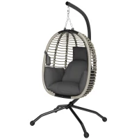 Outsunny Outdoor Swing Chair with Thick Padded Cushion, Patio Hanging Egg Chair with Metal Stand, Foldable Basket, Cup Holder, Rope Structure for Indoor & Outdoor, Dark Grey(m-11)