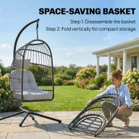 Outsunny Hanging Egg Chair, Indoor Outdoor Hammock Swing Chair with Stand, Safety Strap, Foldable Basket, Dark/Light Grey(m-5)