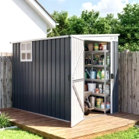 Outsunny 7.6 x 4ft Lean to Garden Metal Shed, Outdoor Storage Shed with Window, 2 Vents and Lockable Door for Garden, Dark Grey(m-2)