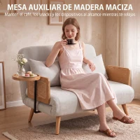 HOMCOM Sofá Cama 2 Plazas Convertible 3 en 1 Tapizado en Chenilla con Respaldo Ajustable Mesa Lateral 2 Almohadas Blanco Crema(m-20)