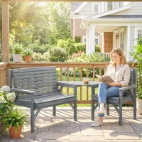 Outsunny Wooden Garden Furniture Set with Parasol Hole, 1 Chair, 1 Bench and Detachable Table, Grey Embossed Finish(m-10)