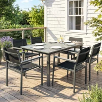 Outsunny Garden Dining Set with Acacia Wood Table Top, Outdoor Table and Stackable Chairs Set for 6 with Texteline Seat, Grey(m-14)