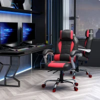 HOMCOM Scaun Gaming Rabatabil cu Suport Lombar și Tetieră din Piele PU, Roșu și Negru(m-10)